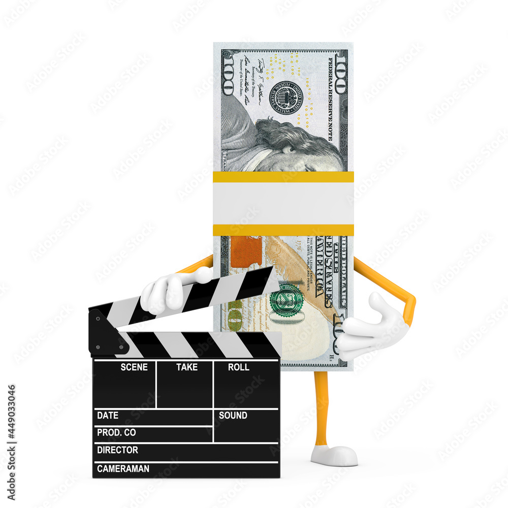 Poster stack of one hundred dollar bills person character mascot with movie clapper board. 3d rendering