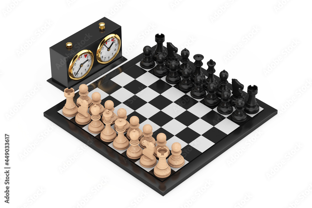Poster chess with chess board and chess clock. 3d rendering