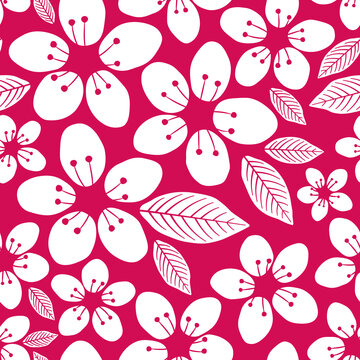 Vector pink bold cherry blossom flower seamless pattern. Perfect for fabric (clothing, bedding, curtains, upholstery), wallpaper, stationery and scrapbooking.