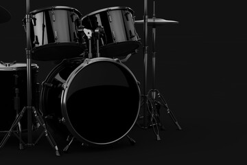 Black Professional Rock Black Drum Kit, Blank Bottom Big Drum with Free Space for Your Design. 3d Rendering - obrazy, fototapety, plakaty