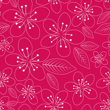 Vector pink delicate cherry blossom flower seamless pattern. Perfect for fabric (clothing, bedding, curtains, upholstery), wallpaper, stationery and scrapbooking.