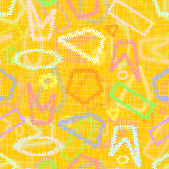 Seamless geometric ornament with contour shapes in the form of teeth. Abstract background with multicolored geometric elements at the top and wavy line at the bottom.