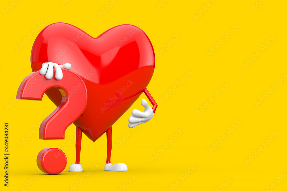 Leinwandbilder red heart person character mascot with red question mark sign. 3d rendering