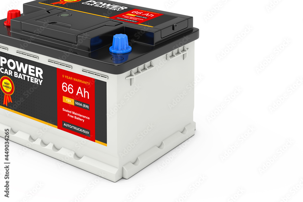 Poster rechargeable car battery 12v accumulator with abstract label. 3d rendering