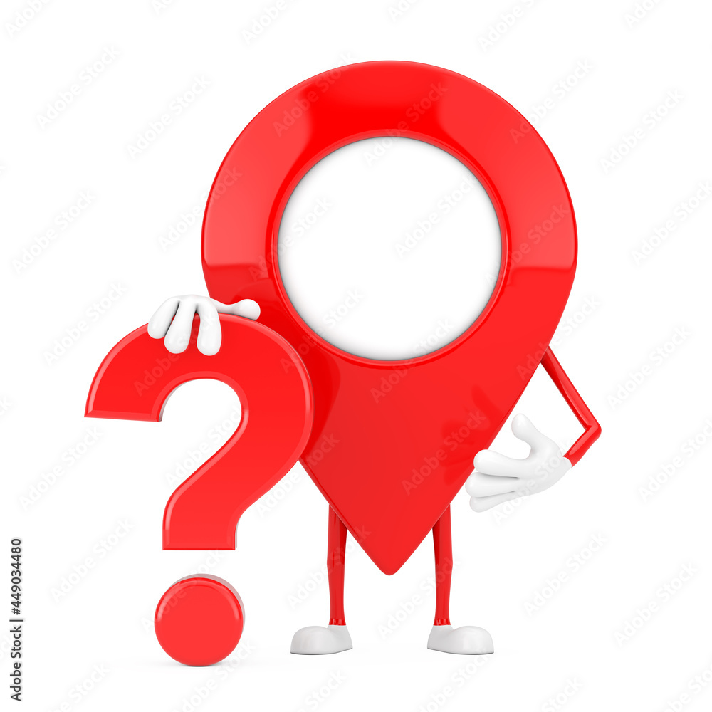 Poster red map pointer pin person character mascot with red question mark sign. 3d rendering