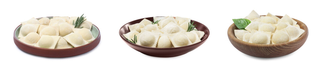 Set with uncooked ravioli on white background. Banner design