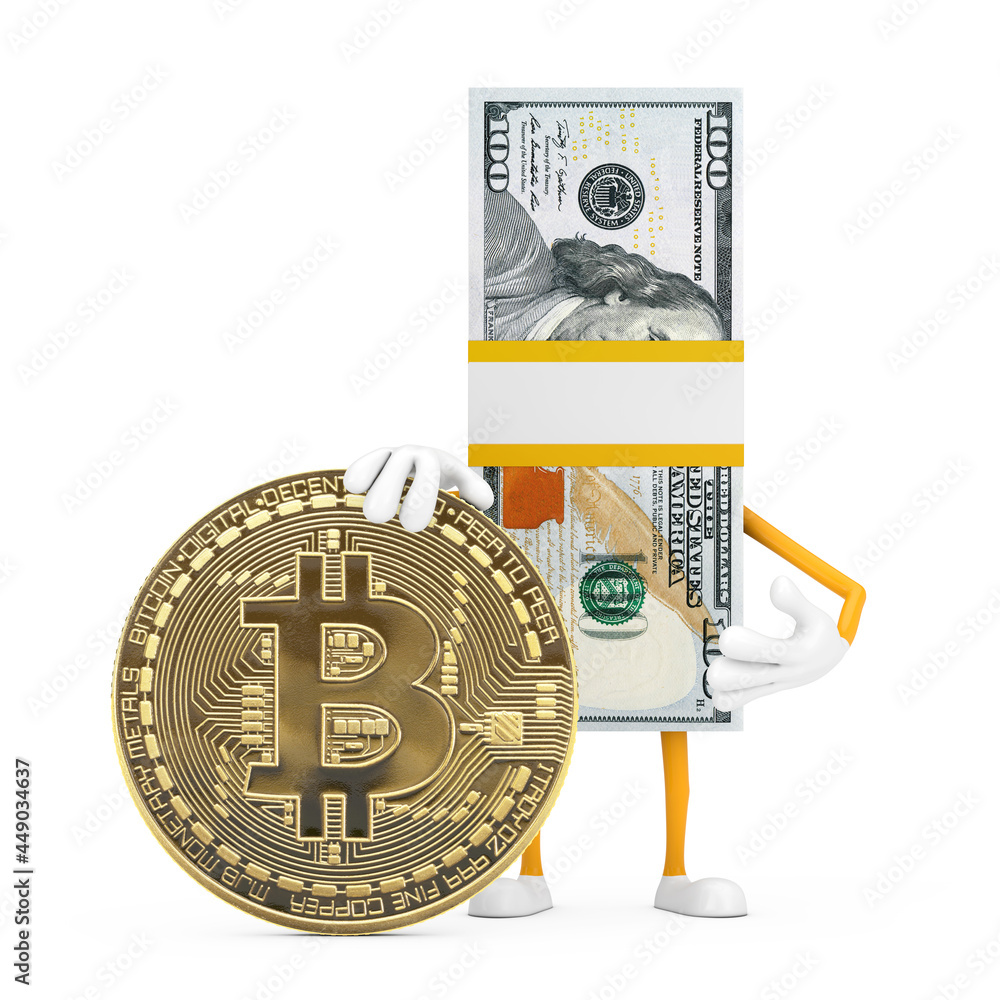 Leinwandbilder stack of one hundred dollar bills person character mascot with digital and cryptocurrency golden bit