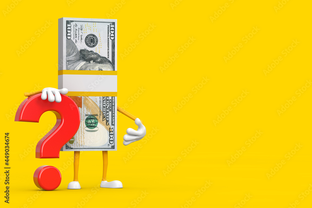 Leinwandbilder stack of one hundred dollar bills person character mascot with red question mark sign. 3d rendering