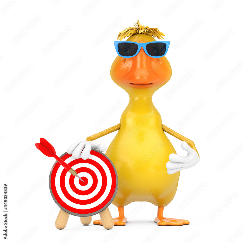 Fototapete cute yellow cartoon duck person character mascot with archery target and dart in center. 3d renderin