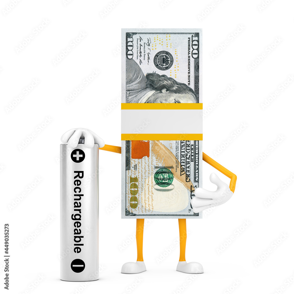 Aufkleber stack of one hundred dollar bills person character mascot with rechargeable battery. 3d rendering