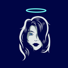 Angel girl line pop art potrait logo colorful design with dark background. Woman goddess vector illustration