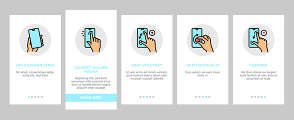 Smartphone Gesture Onboarding Mobile App Page Screen Vector. Zooming And Swiping, Press And Holding Finger On Smartphone Screen, Tapping On Phone Display Illustrations