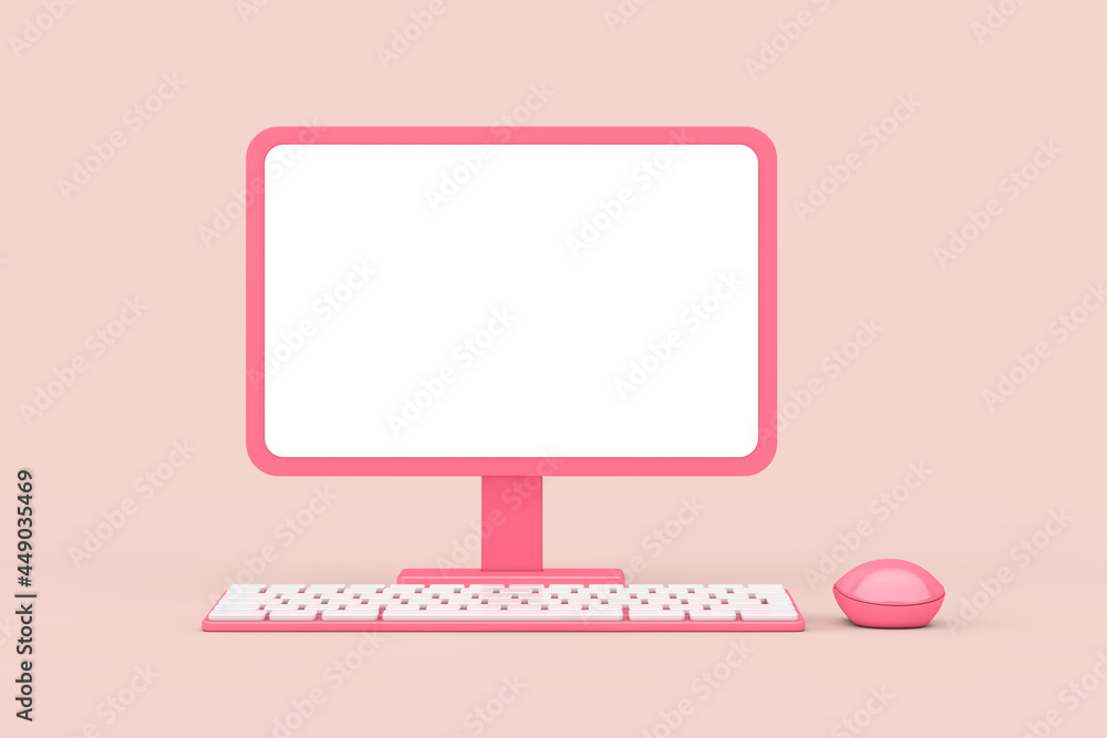 Poster abstract cartoon pink desktop computer with mouse, keyboard and blank screen for your design in duot