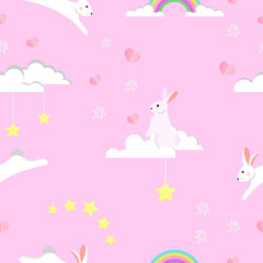 Vector illustrations of abstract rabbit cartoon seamless pattern cute. Good for backgrounds, textiles, fabrics, wrapping paper and wallpaper on pink background.