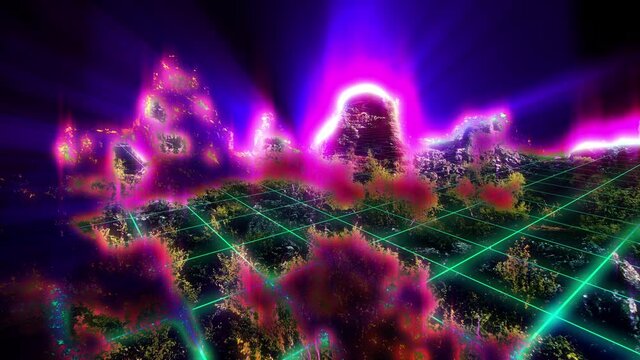 Abstract aerial glowing forest grid rock pilars