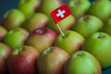 Delicios juicy aromatic Swiss apples from this year harvest with Swiss flag