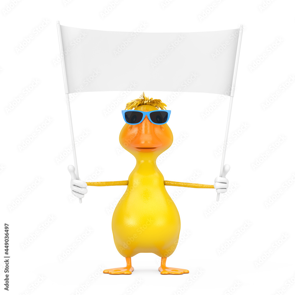 Poster cute yellow cartoon duck person character mascot and empty white blank banner with free space for yo