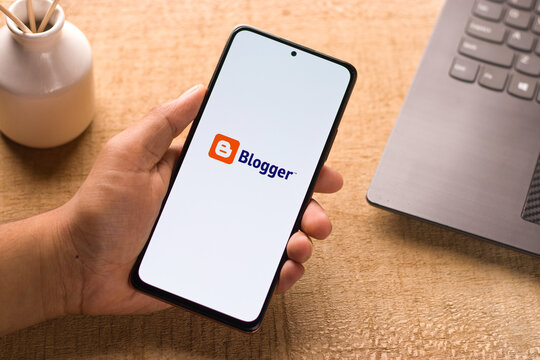 Assam, india - May 29, 2021 : Blogger logo on phone screen stock image.