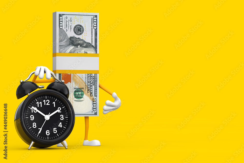 Poster stack of one hundred dollar bills person character mascot with alarm clock. 3d rendering