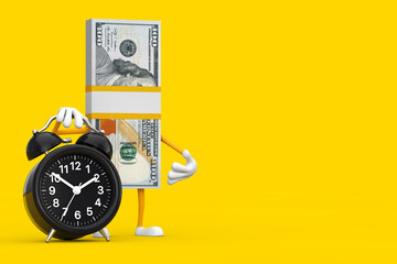 Stack of One Hundred Dollar Bills Person Character Mascot with Alarm Clock. 3d Rendering