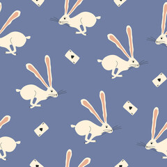 Jumping white rabbits with long ears and playing card on a blue background. Fabulous hares with aces of spades hand drawn vector illustration. Bunny in wonderland seamless pattern.