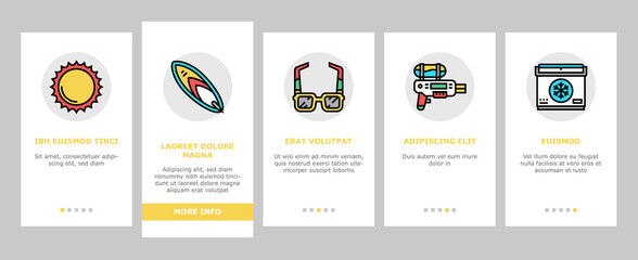 Summer Vacation Travel Onboarding Mobile App Page Screen Vector. Resting On Summer Tropical Beach And Drink Exotic Cocktail, Swimming In Pool And Cooking Bbq Illustrations