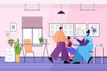 female doctor in mask vaccinating little child patient fight against coronavirus vaccine development concept