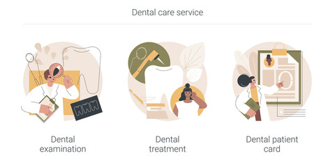 Dental care service abstract concept vector illustration set. Dental examination and treatment, patient card, visit a dentist, toothache emergency help, orthodontic procedure abstract metaphor.