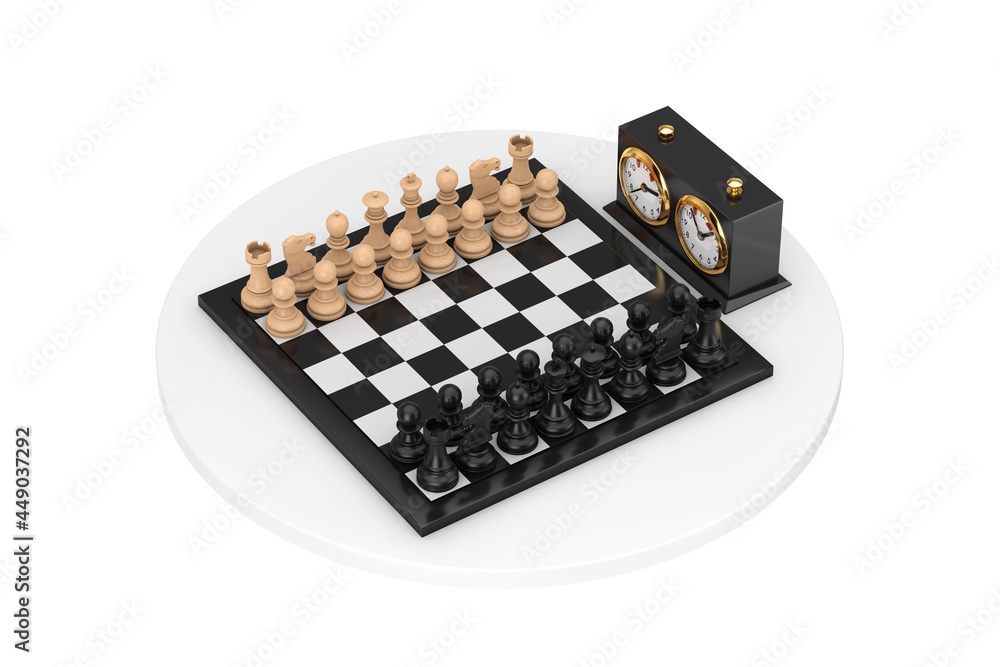 Poster chess with chess board and chess clock. 3d rendering
