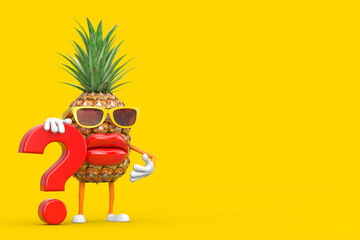 Fun Cartoon Fashion Hipster Cut Pineapple Person Character Mascot with Red Question Mark Sign. 3d Rendering