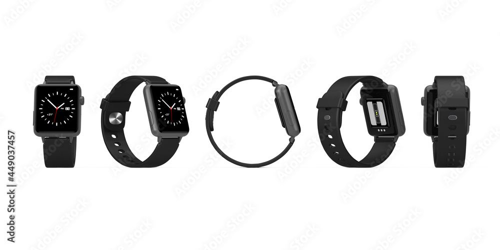 Fototapete Set of Black Modern Smart Watch Mockup with Strap in Different Position. 3d Rendering