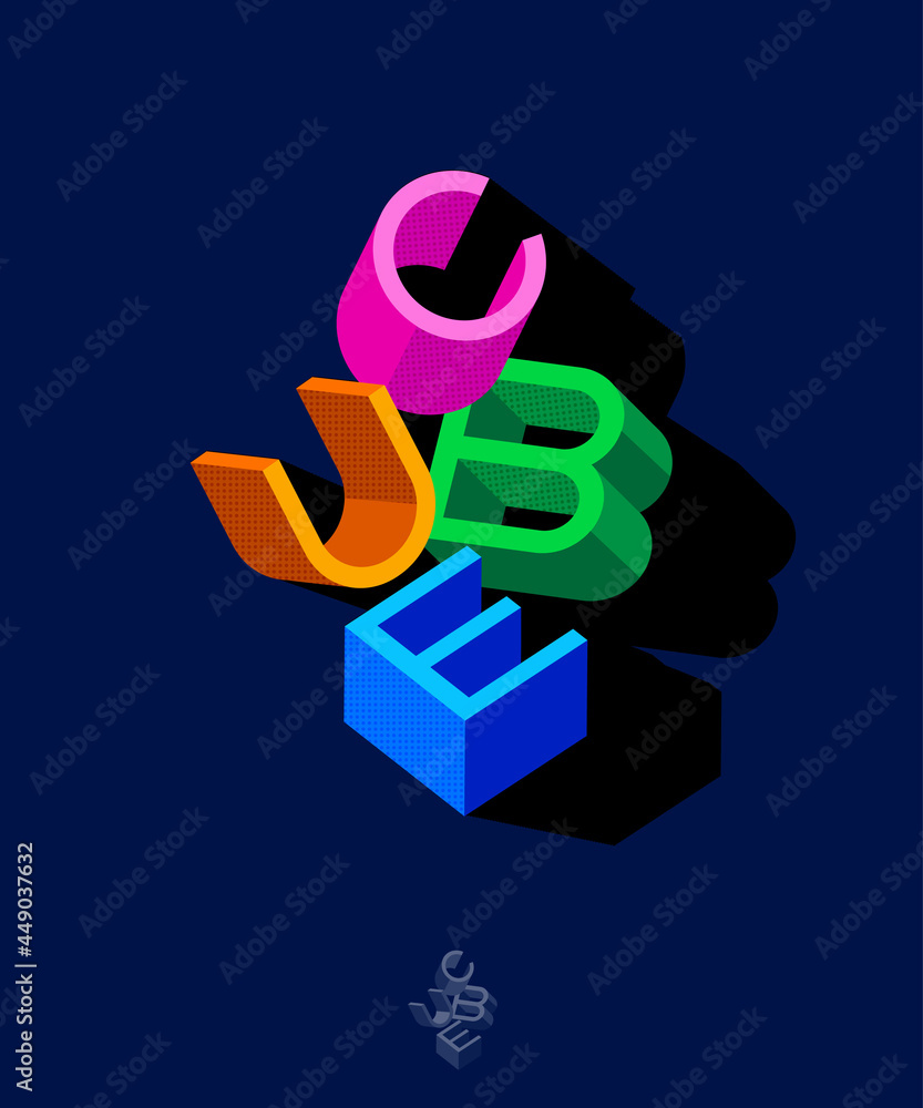 Poster cube typographic composition. volume lettering like isometric projection. 3d illusion.