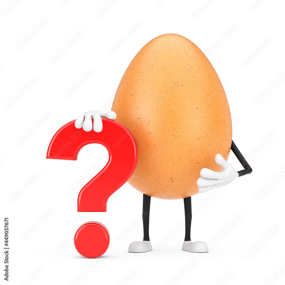 Poster brown chicken egg person character mascot with red question mark sign. 3d rendering