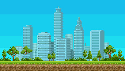 Pixel art 8 bit urban landscape with park on city background for retro video game design. Pixel skyscraper illustration © VRTX