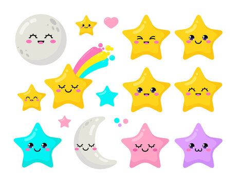 Vector set of cute kawaii style stars and moon - good night elements for sticker or badge design. Cartoon baby star icons. Isolated on white illustration