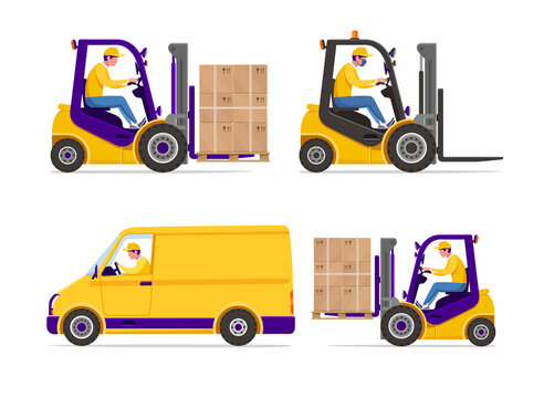 Vector forklift truck loader with driving man and stuck of boxes with goods on pallete. Electric forklift loading boxes in delivery van. Warehouse equipment on white background
