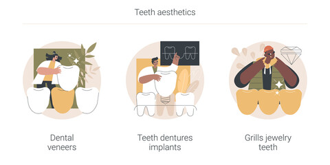 Teeth aesthetics abstract concept vector illustration set. Dental veneers, teeth dentures implant, grills jewelry, celebrity smile, whitening, cosmetic dentistry, orthodontic clinic abstract metaphor.