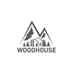 Logo wood house and Mountains. Sign wood house for rental.