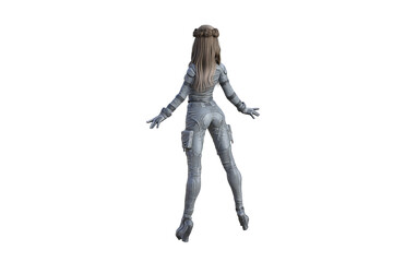 Girl from the future, dressed in a futuristic suit. Cartoon figure with different poses, 3d illustration, 3d rendering.