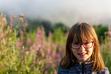 Little cute blonde girl on the field in the summer. Portrait of adorable small kid outdoors. Midsummer. Portrait of a beautiful little girl.