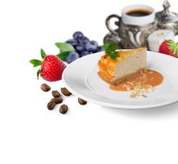 Slice of delicious chocolate cake on desk