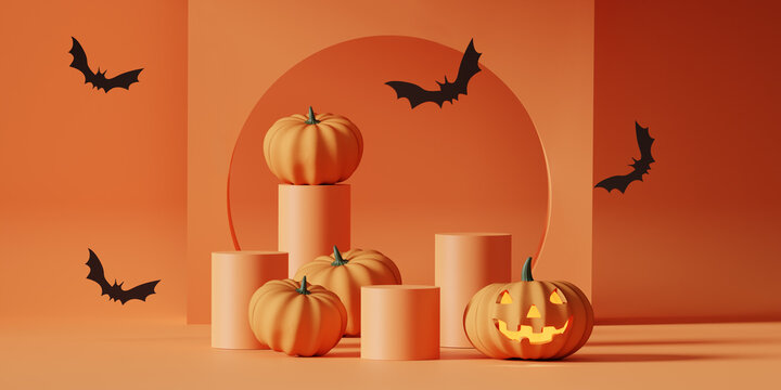 3D pedestal podium set on orange background. Halloween Flying bat and pumpkin with frame rim. Jack o lantern display showcase, product promotion. Abstract banner, spooky 3D render 