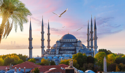 Fototapeta na wymiar Sultanahmet or the Blue Mosque at sunset, Istanbul view, Turkey