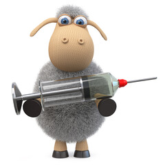 Naklejka premium 3d illustration funny sheep infected with a virus/3d illustration of a sad sheep infected with coronavirus with a vaccination syringe