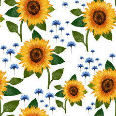 Seamless pattern of summer sunflowers and cornflowers in the field. You can use it for your own design.