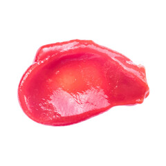 Ketchup red splashes isolated on white background. Tomato sauce top view. High resolution photo