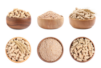 Set with wheat bran on white background