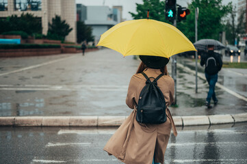 Young woman from the back holding a yellow umbrella on the crosswalk