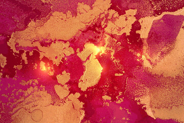 Abstract magenta and gold background with marble texture and shining glitter. Vector stone surface in alcohol ink technique. Fluid art illustration for poster, flyer, brochure design.