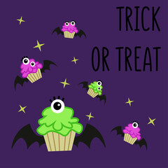 
Halloween cartoon greeting card or nursery poster - halloween creepy sweet cupcake with  eye on purple background, copy space for your text, pre-made vector template for print